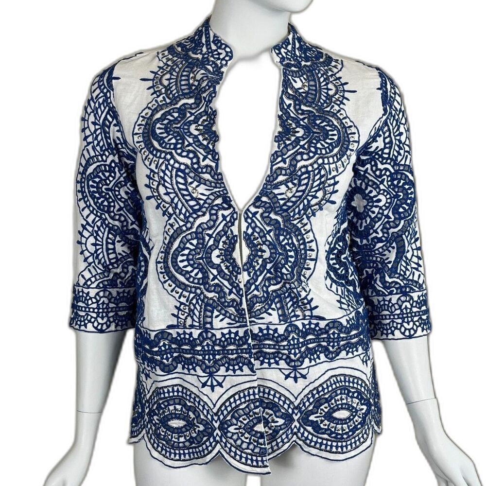 Chicos Womens Size 12/14 Blue Linen Embroidered Scalloped Beaded Jacket Heirloom